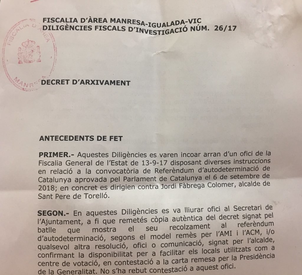 Archivo de diligencias de la fiscalía al alcalde de Sant Pere de Torelló.