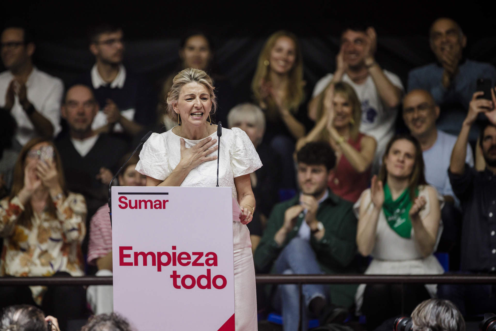 La vicepresidenta segunda y ministra de Trabajo y Economía Social, Yolanda Díaz, interviene en el acto 'Empieza todo' de la plataforma Sumar, en el que presenta su candidatura para la presidencia del Gobierno en las próximas elecciones generales.