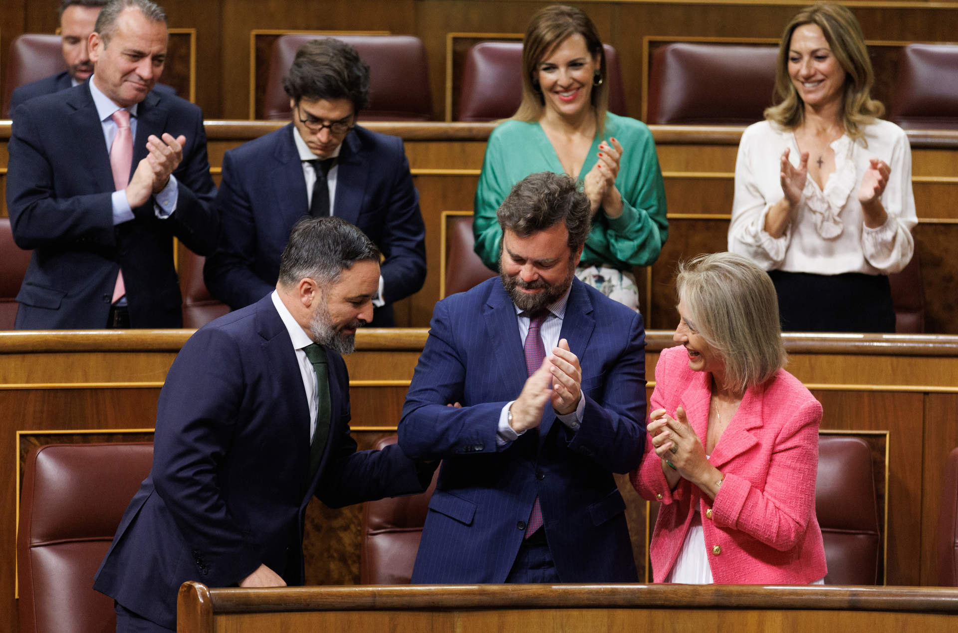 La bancada de Vox aplaude a su líder, Santiago Abascal, durante una sesión plenaria en el Congreso de los Diputados.