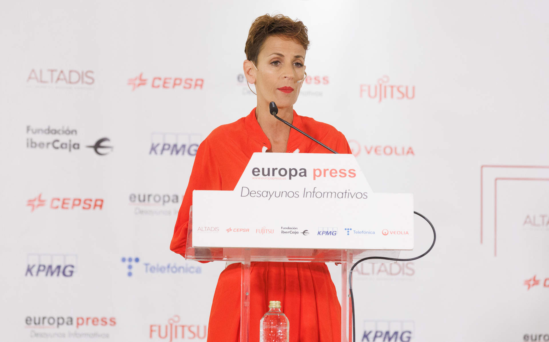 La presidenta del Gobierno de Navarra, María Chivite, interviene durante un desayuno informativo de Europa Press, a 11 de mayo de 2023, en Madrid.