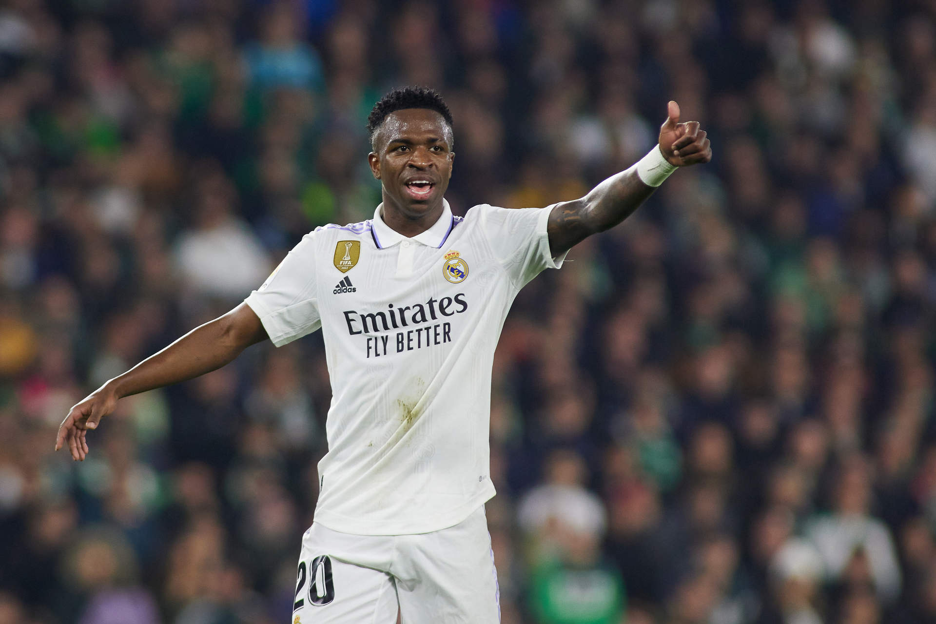 Vinicius Junior of Real Madrid protests during the spanish league, La Liga Santander, football match played between Real Betis and Real Madrid at Benito Villamarin stadium on March 5, 2023, in Sevilla, Spain.