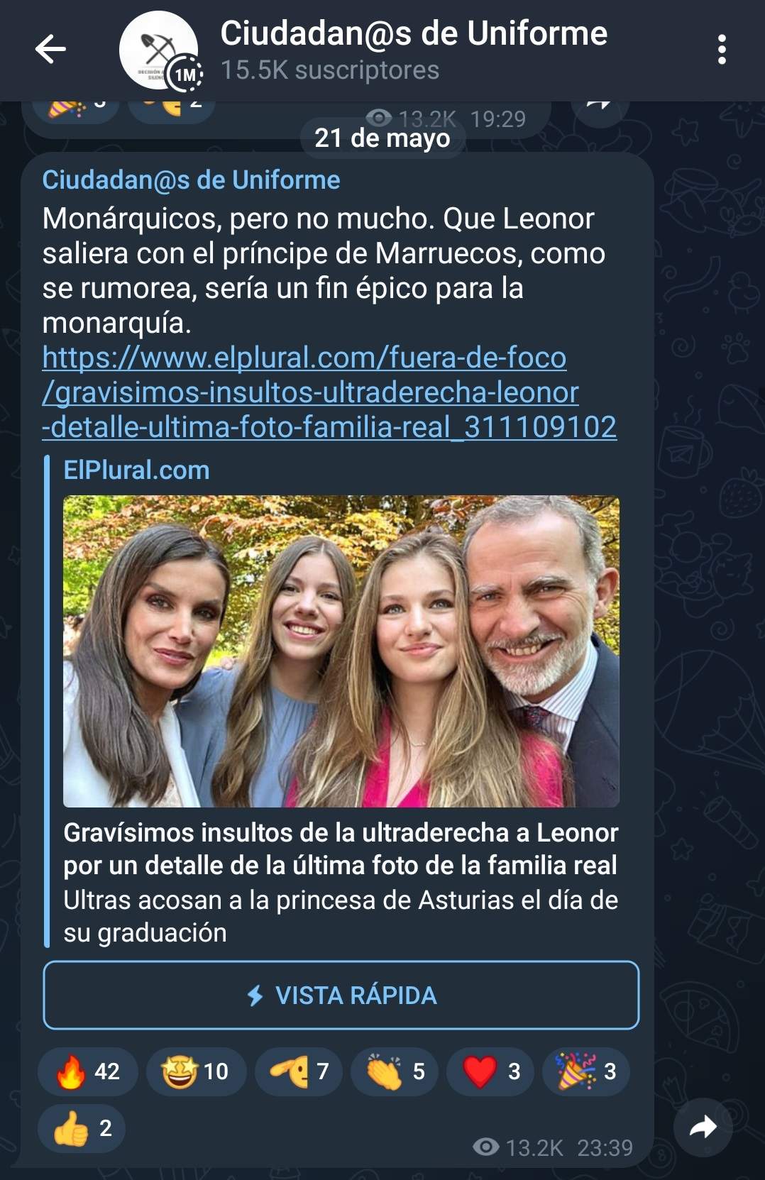 Publicación de 'Ciudadanos de Uniforme' contra la princesa Leonor.
