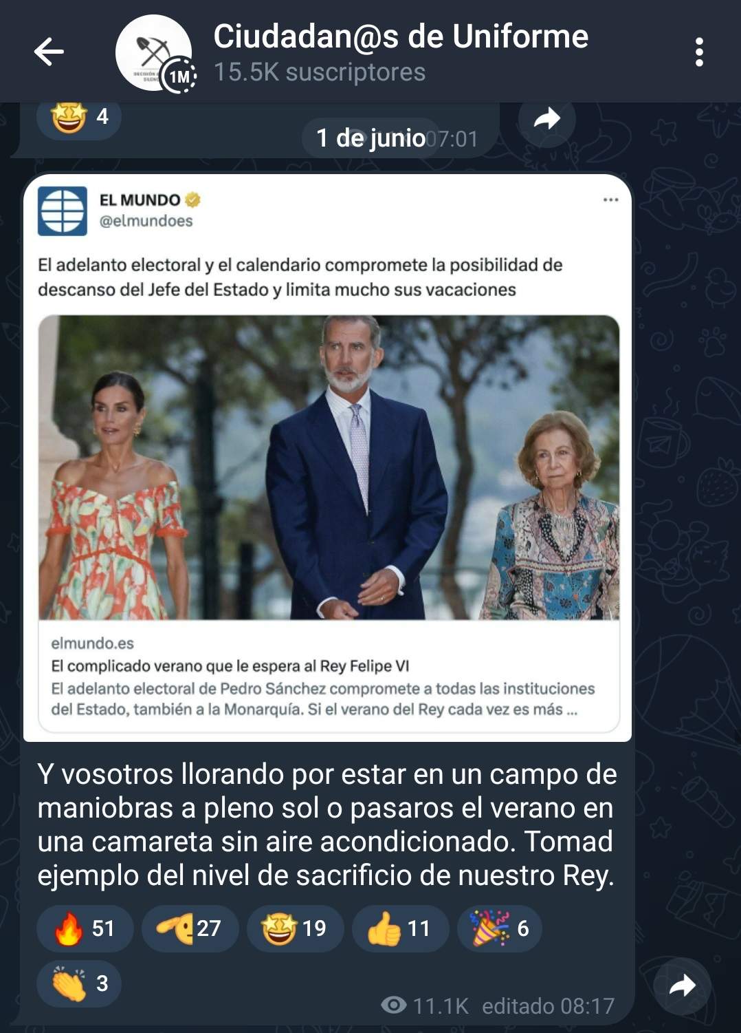 Mensaje en 'Ciudadanos de Uniforme' contra el rey.