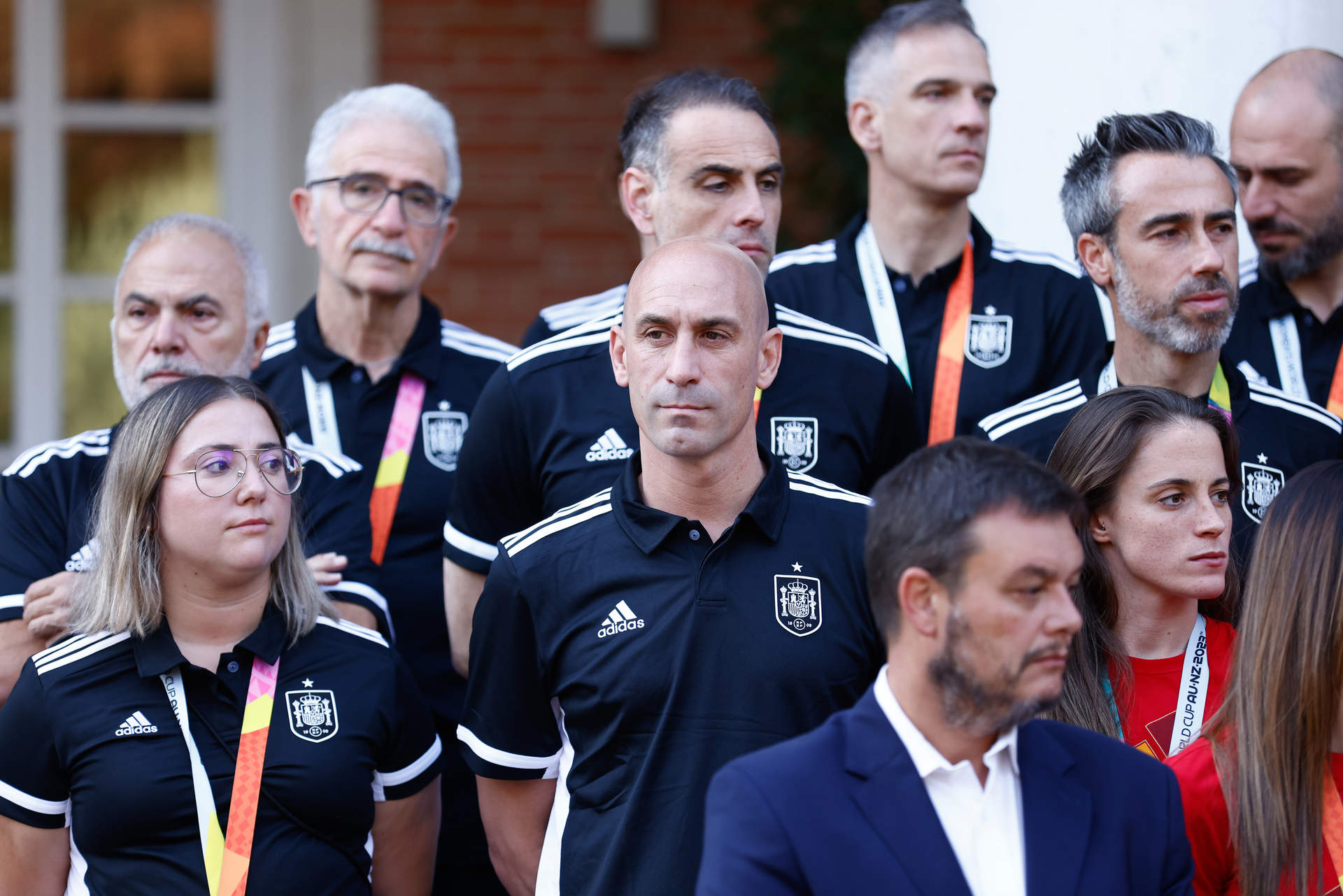 Luis Rubiales, en el centro, durante la recepción en el Palacio de la Moncloa con Pedro Sánchez.