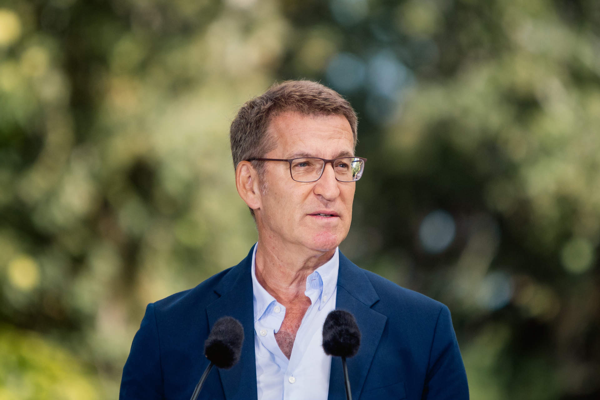 El presidente del Partido Popular, Alberto Núñez Feijóo, durante la inauguración del curso político en el Castillo de Soutomaior, Pontevedra.