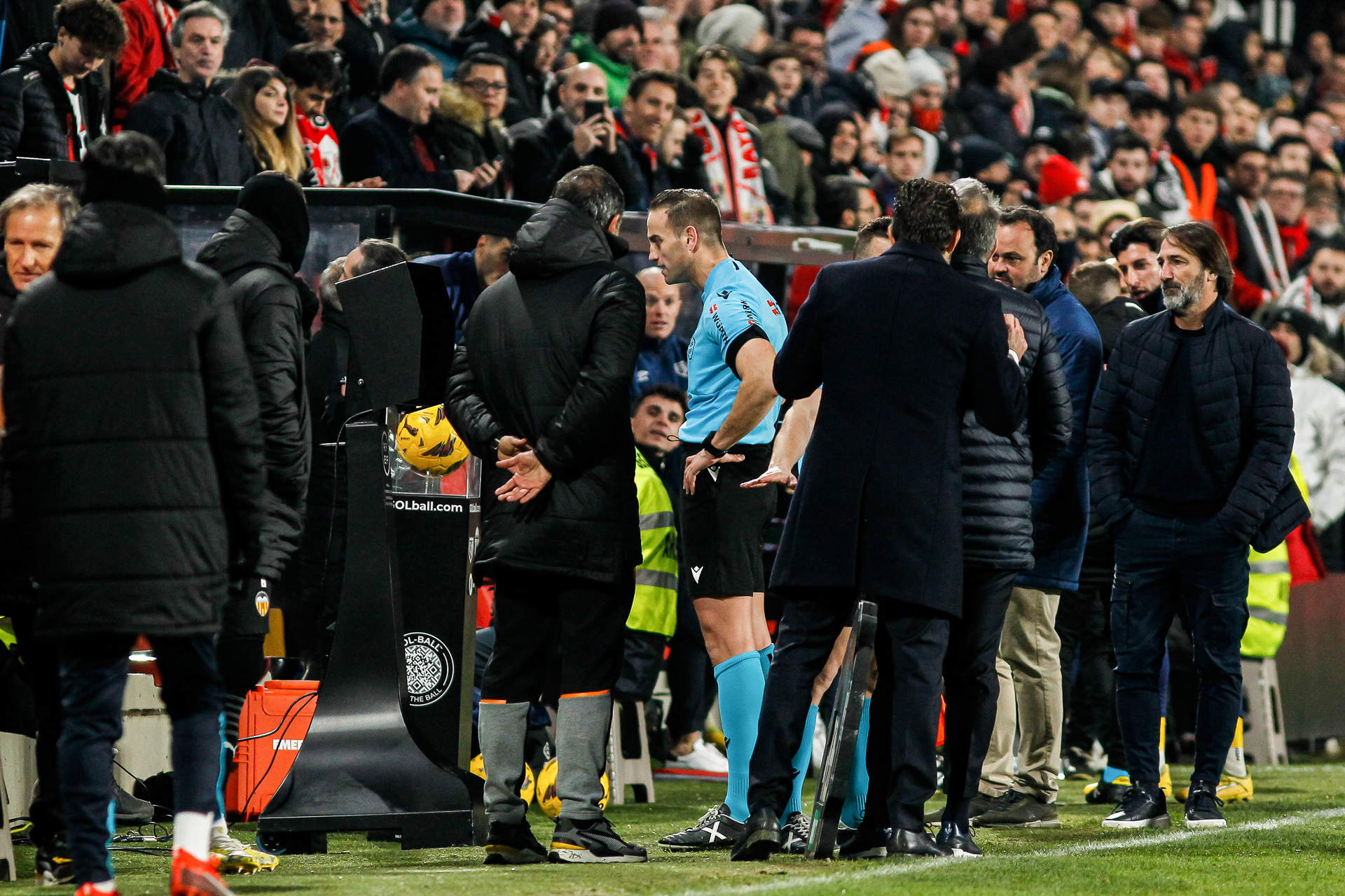 Javier Arberola Rojas, referee of the match, consulting VAR during the Spanish League, LaLiga EA Sports, football match played between Rayo Vallecano and Valencia CF at Estadio de Vallecas on December 19, 2023, in Madrid, Spain.