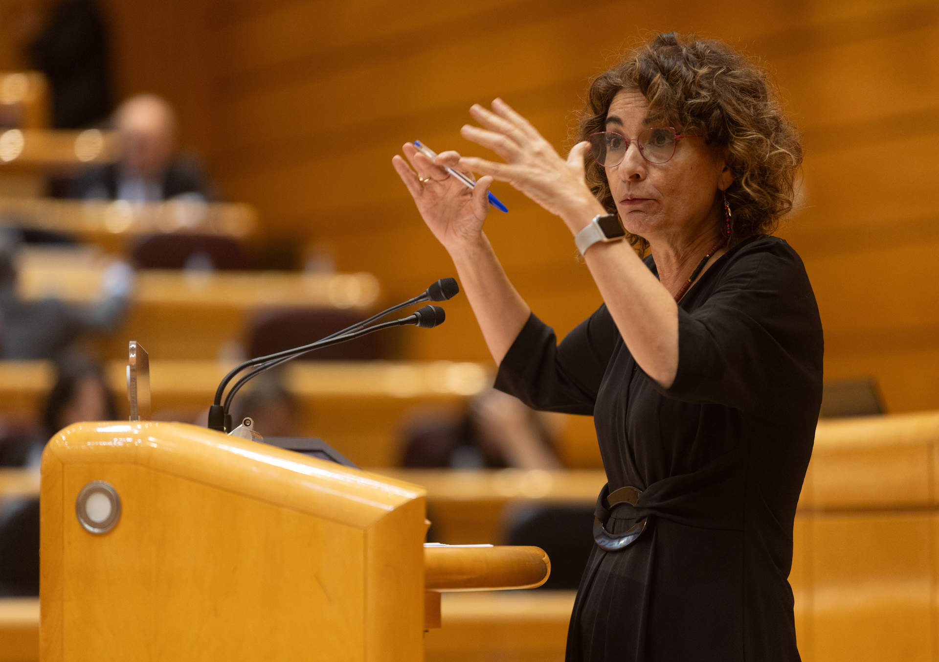 La vicepresidenta primera y ministra de Hacienda, María Jesús Montero, interviene durante un pleno del Congreso de los Diputados, en el Palacio del Senado, a 10 de enero de 2024, en Madrid.