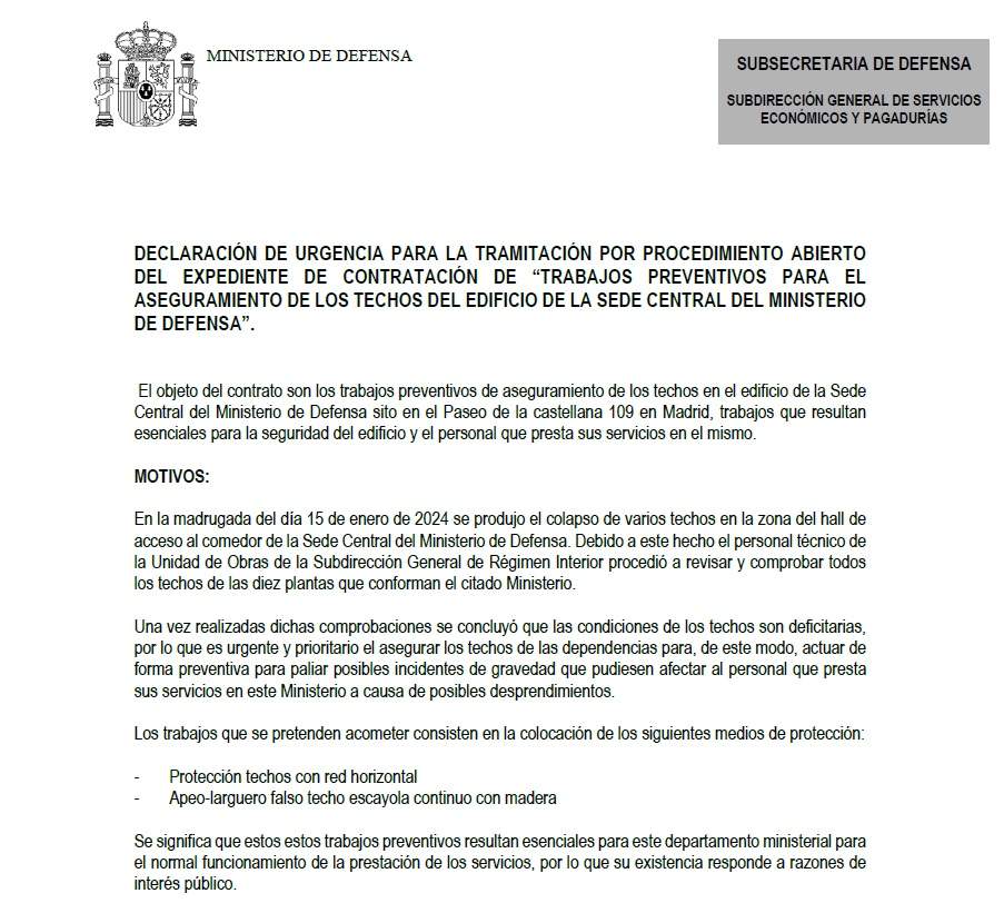 Declaración de urgencia para evitar caídas de techos en el Ministerio de Defensa.