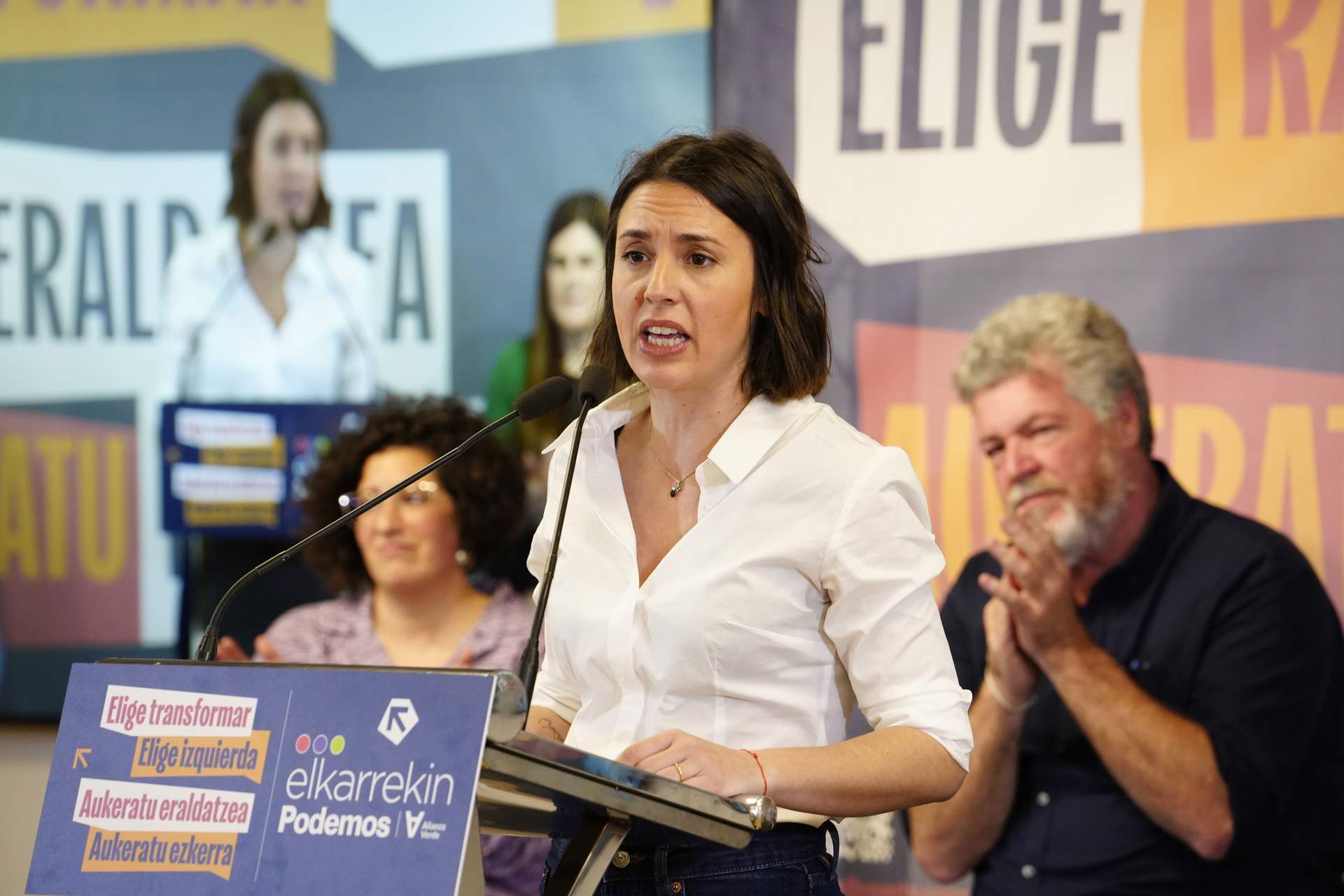 La candidata de Podemos a las elecciones europeas, Irene Montero, durante el acto de arranque de campaña electoral de Elkarrekin Podemos, en el Palacio Euskalduna, a 4 de abril de 2024, en Bilbao, Vizcaya, País Vasco.
