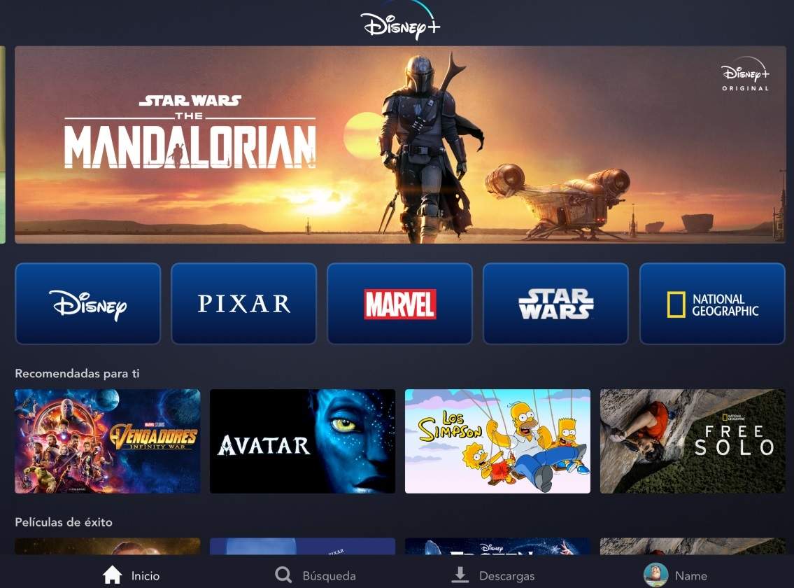 La interfaz de Disney +.