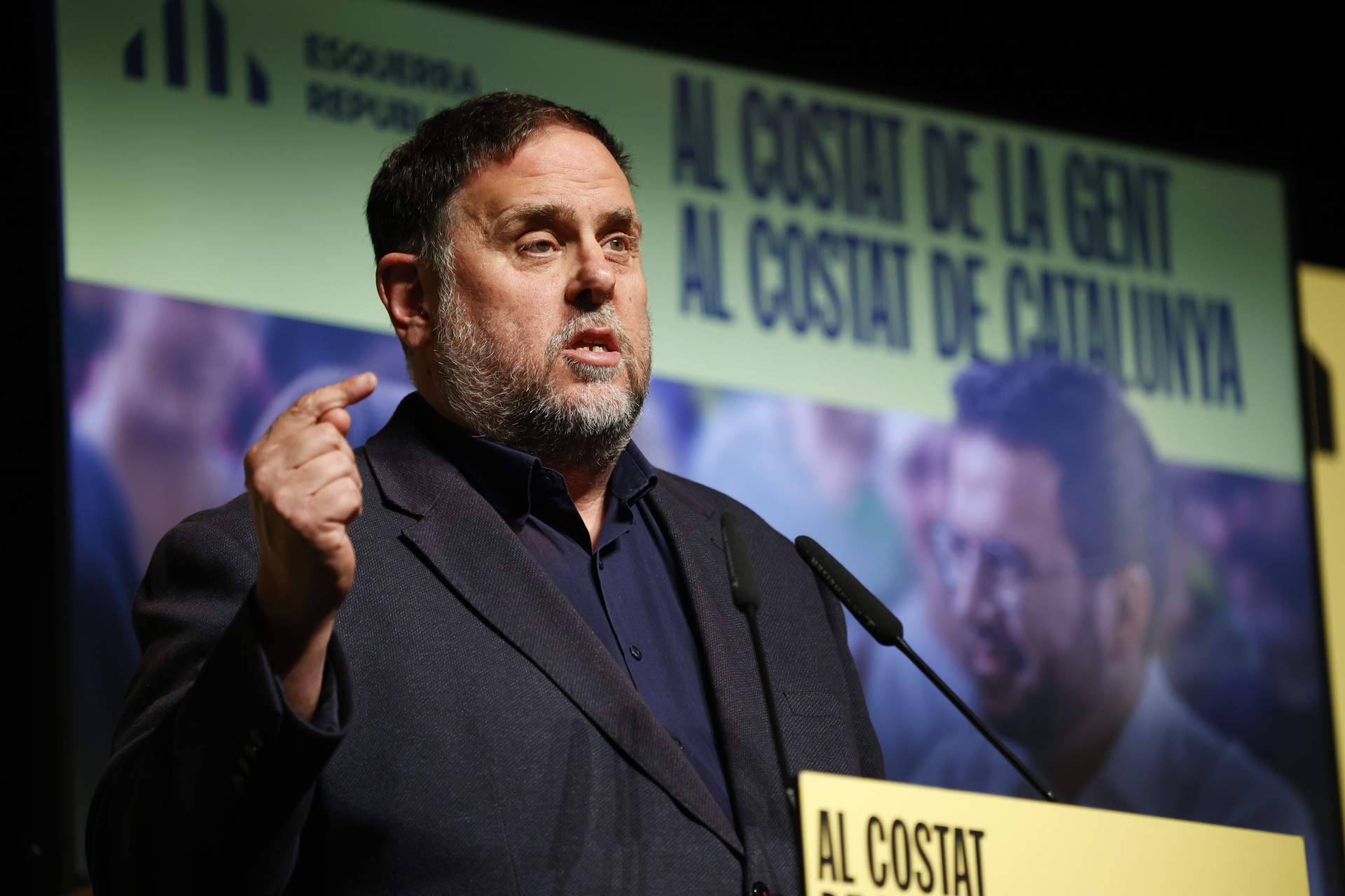 El presidente de ERC, Oriol Junqueras, interviene durante un mitin de su partido.