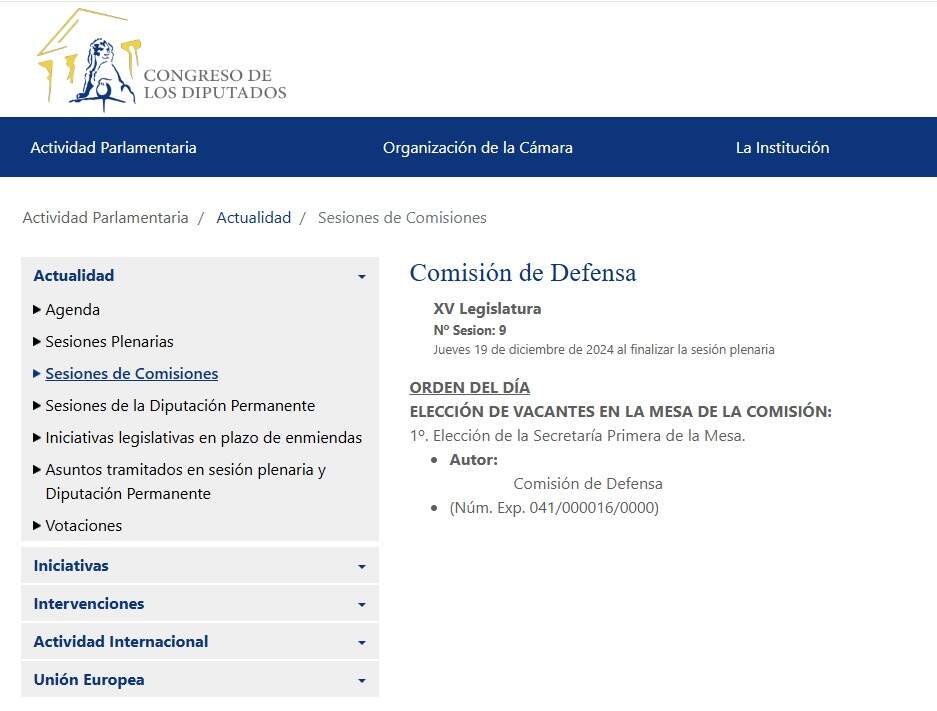 Agenda de la Comisión de Defensa del Congreso de los Diputados.