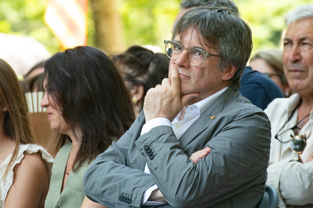 El presidente de Junts y expresidente de la Generalitat, Carles Puigdemont, en el acto de celebración del cuarto aniversario de la fundación de Junts, a 27 de julio de 2024, en Amélie-les-Bains-Palalda (Francia).