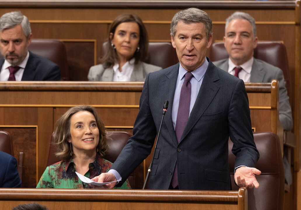 La secretaria general del PP, Cuca Gamarra, y el presidente del PP, Alberto Núñez Feijóo, durante un pleno en el Congreso de los Diputados, a 19 de febrero de 2025, en Madrid.