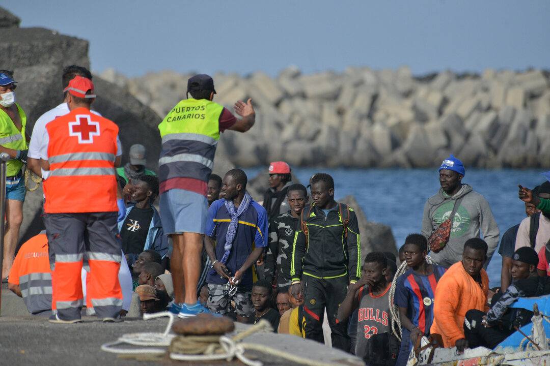 Los servicios sanitarios reciben una patera, en el muelle de La Restinga.