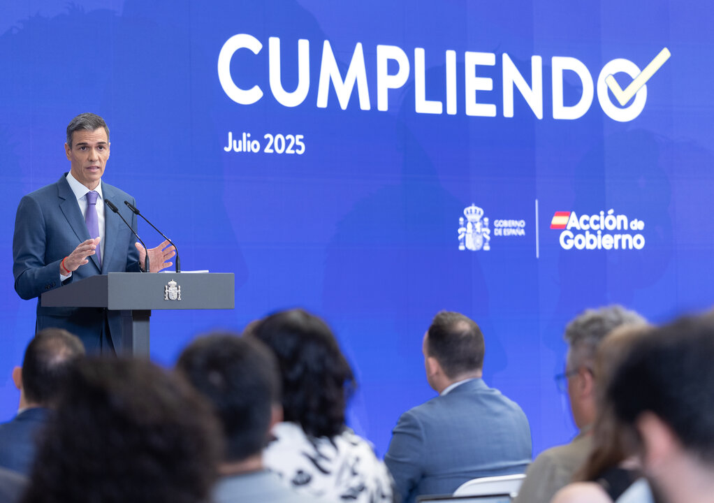 El presidente del Gobierno, Pedro Sánchez, comparece ante los medios de comunicación para hacer balance del curso político. (Foto: Eduardo Parra / Europa Press)