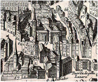 Iglesias de Santiago (59) y San Juan (62) en el plano de Mancelli. 1623.